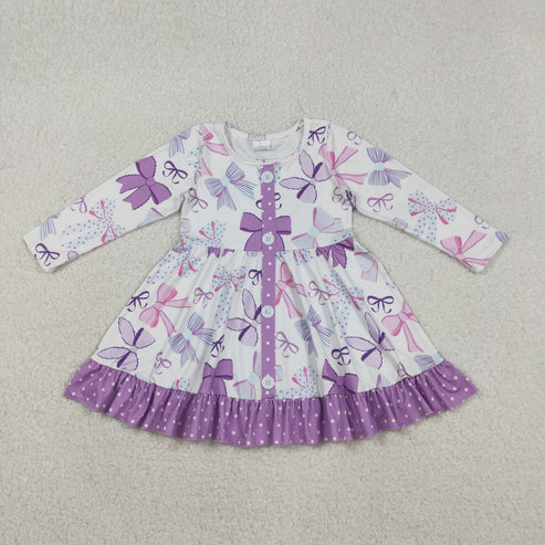 12.8 GLD1271 Baby Girls Purple Bows Plaid Button Ruffle Knee Length Dress