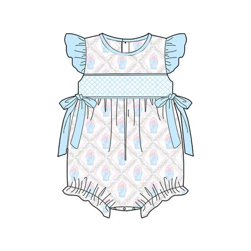3.22 SR2926 Baby Infant Girls Light Blue Flutter Sleeves Floral Bows Top Ruffle Rompers Preorder