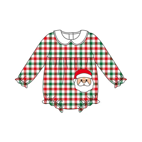 6.27LR2357 Baby Girls Long Ruffle Sleeves Red Green Plaid Santa Rompers Preorder