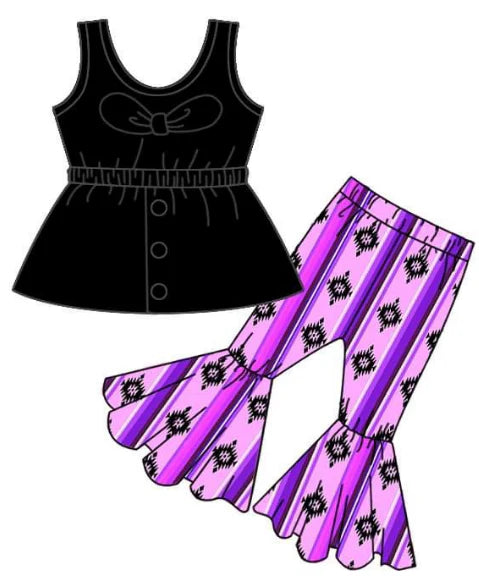 5.13 Girls black shoulder bow top purple flare trouser suit