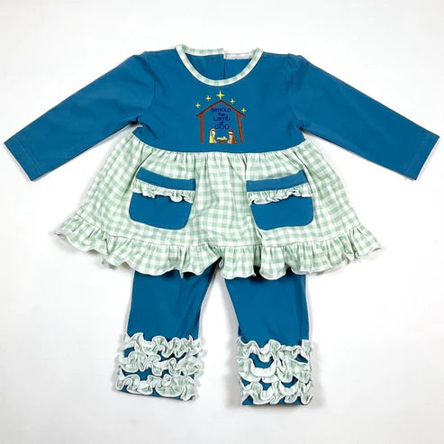 7.26 GLP2625 Baby Girls Long Sleeves Nativity Pockets Tunic Ruffle Pants Christmas Set Preorder