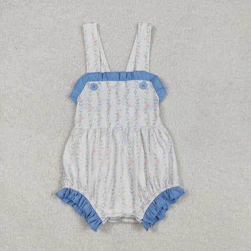 L-3.8 SR1478 Baby Infant Girls Blue Ruffle Leaves Straps Romper