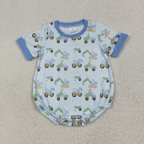 7.1 SR3142 Baby Boys Short Sleeves Blue Excavators Plaid Romper