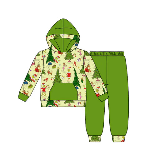 8.16 BLP1224 Baby Boys Green Faces Christmas Trees Pocket Hoodie Legging Pant Set Preorder
