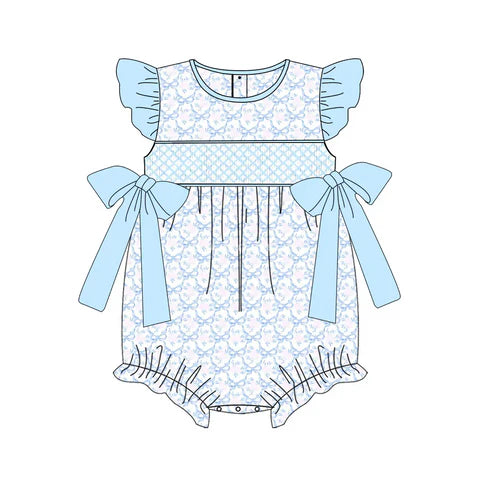 3.22 SR2918 Baby Infant Girls Blue Flutter Sleeves Floral Bows Top Rompers Preorder