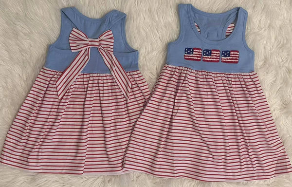 L-3.4 GSD1964 Baby Girls Blue Flags Red Stripes Back Bow Knee Length Dresses Preorder