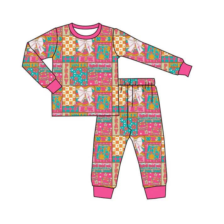 9.26  GLP2890 Baby Girls Pink Bows Flowers Checked Top Ruffle Pants Pajamas Sets Preorder