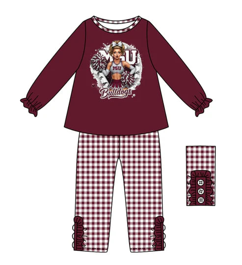 10.11 Custom Moq 8 Baby Girls Wine Red MGU Team Top Plaid Bottom Pants Sets