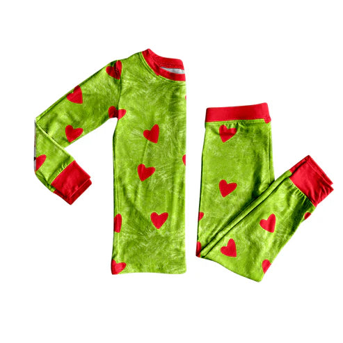 7.30 BLP1175 Baby Boys Green Long Sleeves Hearts Top Pant Pajamas Set Preorder