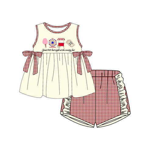4.11 GSSO2518 Baby Girls Ice Cream Store Bows Tunic Red Plaid Ruffle Short Set Preorder