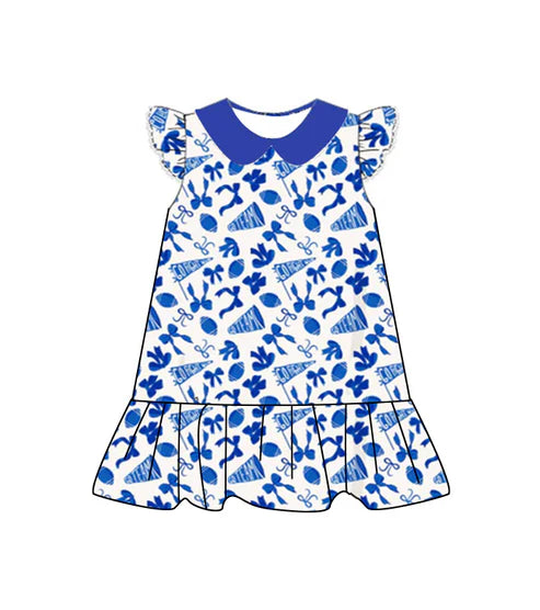 7.30 GSD2782 Baby Girls Blue Flutter Sleeves Cheer Bows Plaid Team Knee Length Dresses Preorder