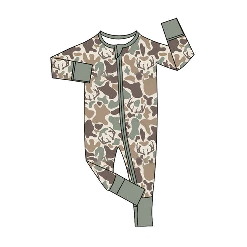 8.22 LR2582 Baby Boys Brown Deer Camo Western Zipper Footie Rompers Preorder