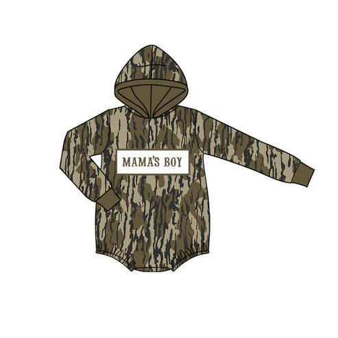 10.23   LR2792 Baby Boys Grey Camo Mama's Boy Hoodie Rompers Preorder