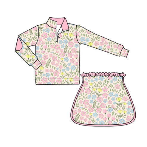 6.14  GLD1077 Baby Girls Long Sleeves Peach Yellow Floral Plaid Zipper Top Skirts Set Preorder