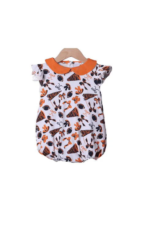 7.30SR3195 Baby Girls Flutter Sleeves Orange Cheer Bows Plaid Team Ruffle Rompers Preorder