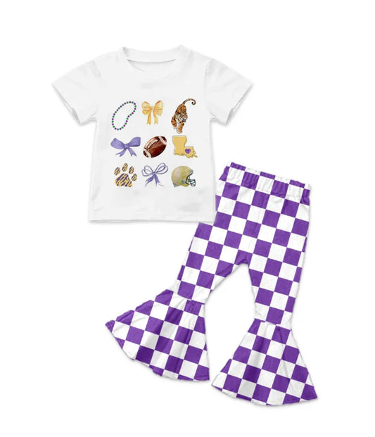 8.21 Custom MOQ 5 Baby Girls Short Sleeve Tigers Team Shirts Plaid Pant Sets