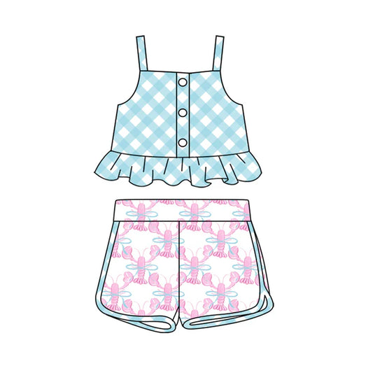 L-3.5 GSSO2119 Baby Girls Blue Checkered Top Crawfish Bow Shorts Clothes Sets Preorder
