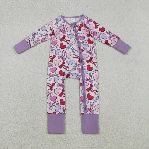 12.8 LR2883 Baby Girls Long Sleeve Hearts Bows Valentines Two Way Zip Convertible Romper
