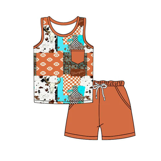 12.9 MOQ：5pcs BSSO1773 pre-order baby boy clothes aztec print toddler boy summer outfit