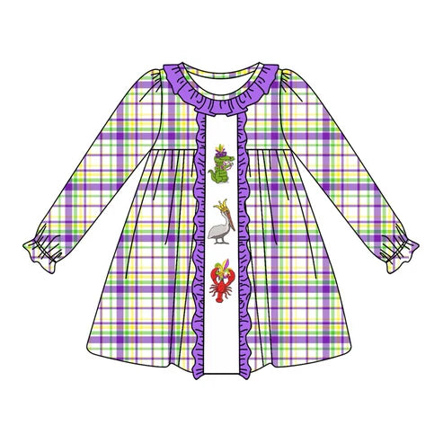 6.4 GLD0953 Baby Girls Checkered Crawfish Mardi Gras Knee Length Dresses Preorder