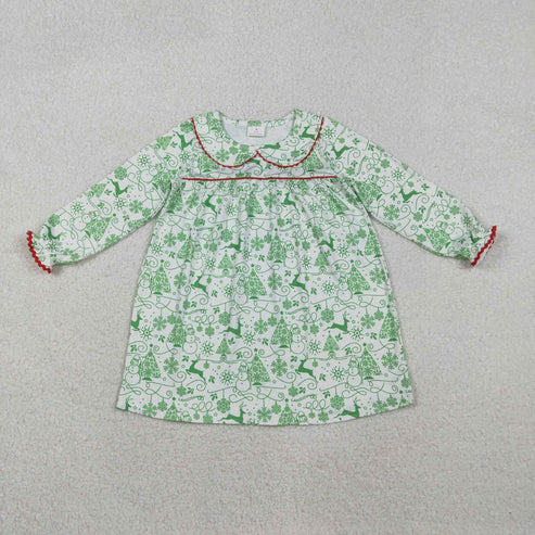 11.8 GLD1345 Baby Girls Green Deer Snowmen Christmas Knee Length Dress
