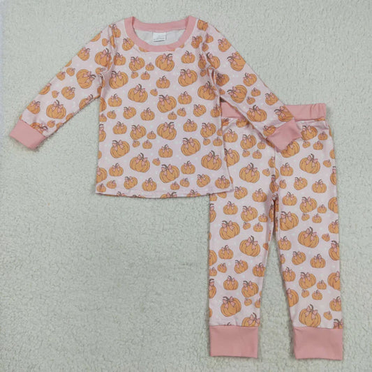 8.15 GLP2416 Baby Girls Long Sleeves Pink Bows Pumpkins Top Pant Pajamas Set