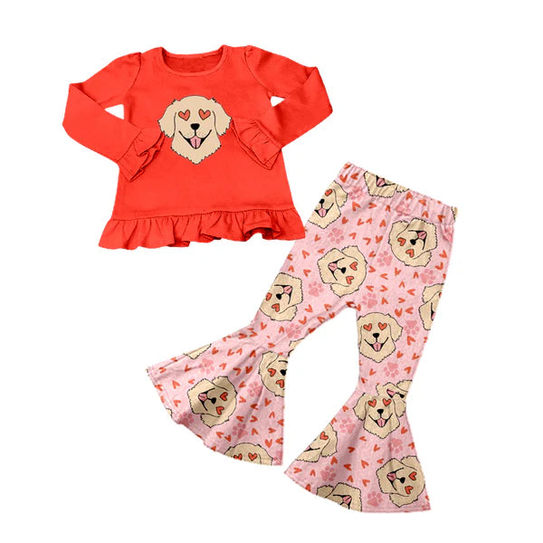 5.28 GLP2015 Baby Girls Valentines Dog Shirt Bell Pants Clothes Sets Preorder