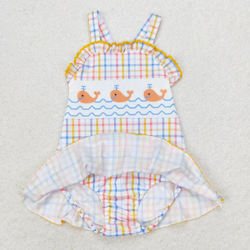 S0396 Whale blue and yellow checkered one-piece swimsuit