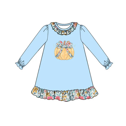 7.29 GLD1206 Baby Girls Long Ruffle Sleeves Floral Pumpkins Knee Length Dress Preorder