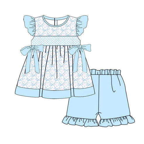 3.22   GSSO2367 Baby Girls Blue Flutter Sleeves Floral Bows Tunic Ruffle Short Clothes Set Preorder
