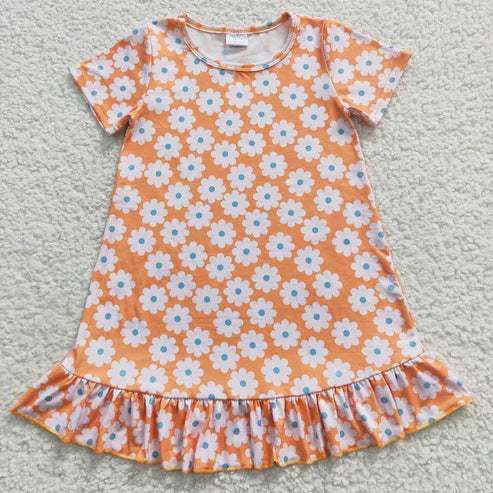 4.14 Sibling Baby Girls Flowers Checkered Short Sleeve Knee Length Dresses