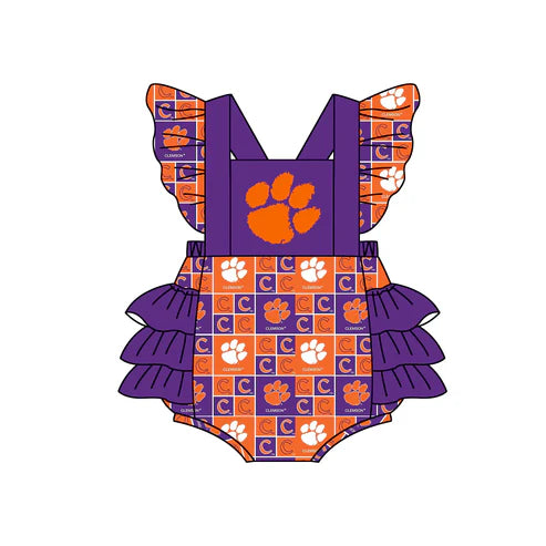 4.26  Preorder Moq 3 Baby Girls Team Footprint Ruffle Rompers