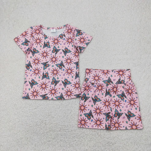 4.9 GSSO2437 Baby Girls Pink Short Sleeves Butterfly Suns Stars Top Short Pajamas Set