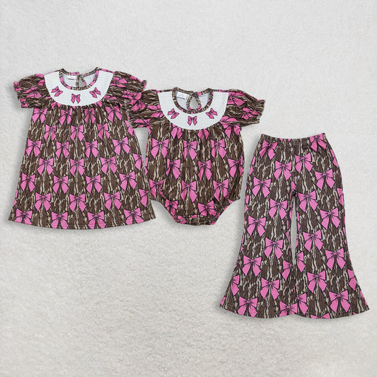 Sibling Baby girls clothes embroidery smocked bow camouflage shorts Sleeve dress and romper and pants