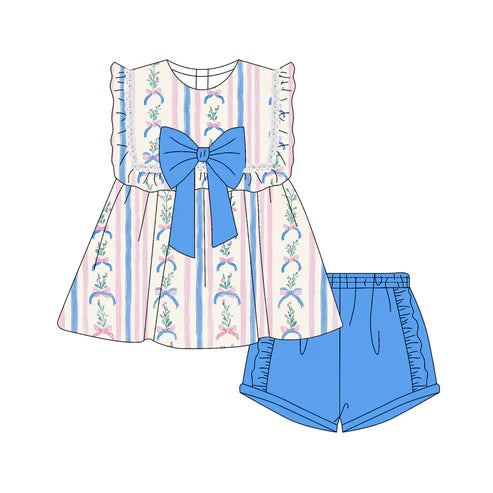 4.16 GSSO2533 Baby Girls Sleeveless Floral Stripe Tunic Blue Ruffle Short Set Preorder