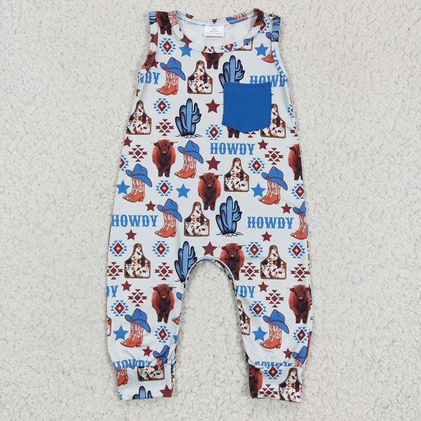 SR0115 Western Boys Howdy Boots Cow Sleeveless Blue Romper