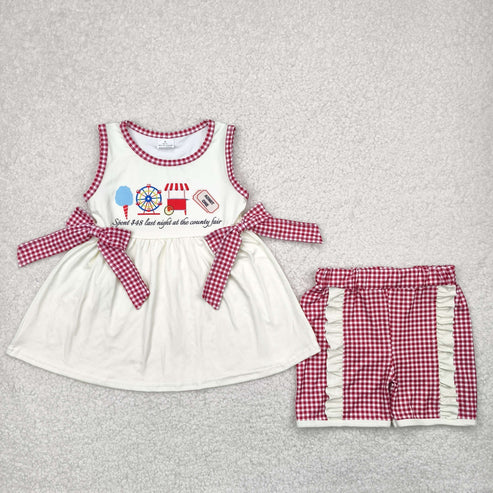 4.29 GSSO2518 Baby Girls Ice Cream Store Bows Tunic Red Plaid Ruffle Short Set