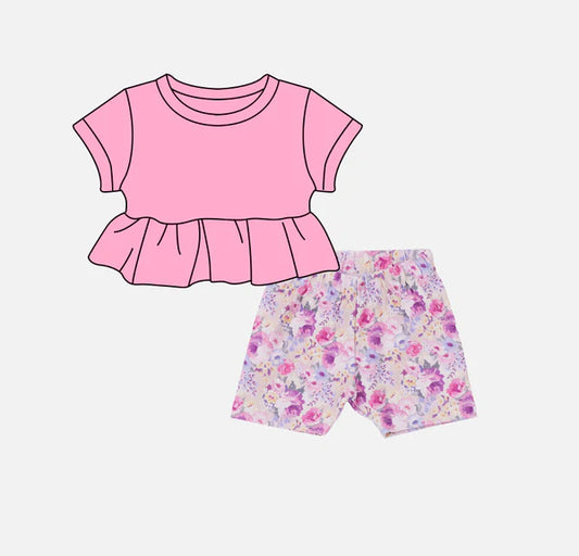 L-3.4 GSSO2103 Baby Girls Pink Cotton Tunic Top Purple Flowers Shorts Clothes Sets Preorder