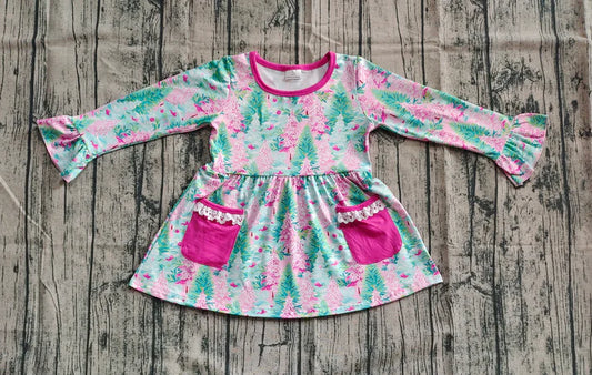 6.14 GLD1072 Baby Girls Long Ruffle Sleeves Trees Floral Pockets Knee Length Dress Preorder