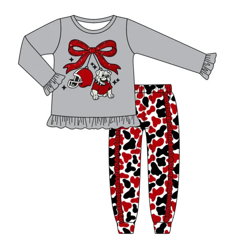 8.8 Custom Moq 5 Baby Girls Bulldogs Bows Leopard Team Top Pants Clothes Sets