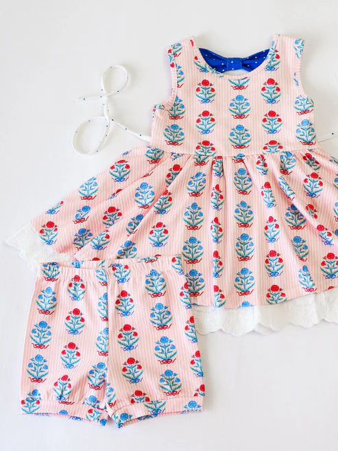 4.24  GSSO2590 Baby Girls Pink Stripe Sleeveless Flowers Plaid Lace Tunic Short Set Preorder