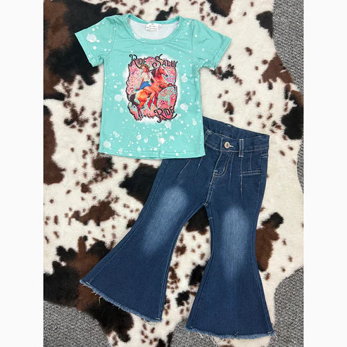 5.15  GT0170+P0457 Baby Girls Western Ride Rodeo Shirt Bell Denim Pants Clothes Set