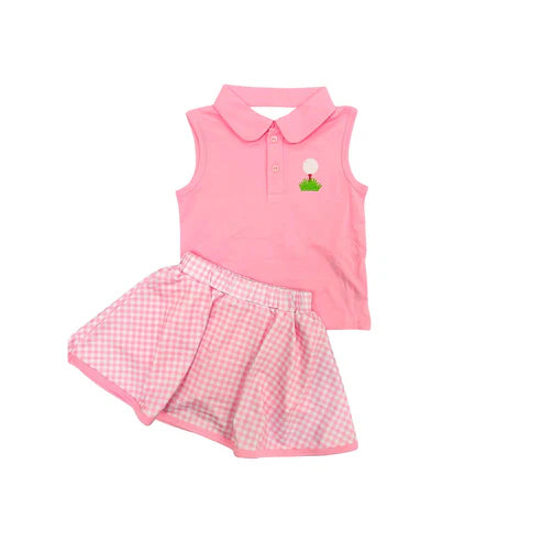 3.20 GSD2177 Baby Girls Pink Sleeveless Button Golf Shirt Stripe Plaid Skirt Sets preorder