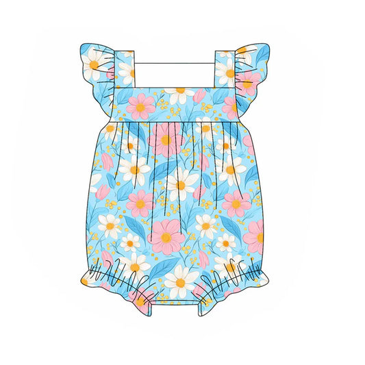 6.13 SR3129 Baby Girls Blue Flutter Sleeves Daisy Flowers Ruffle Rompers Preorder