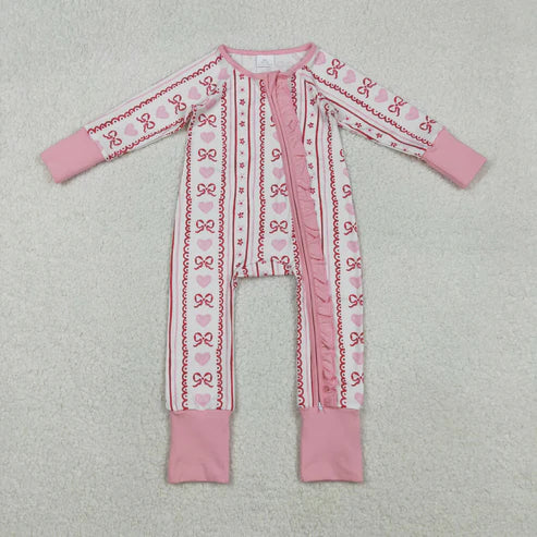 11.17 LR2781 Baby Girls Pink Bows Hearst Stripe Valentines Two Way Ruffle Zip Convertible Romper