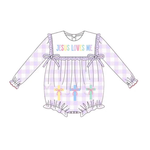 10.1 LR2740 Baby Girls Lavender Checked Jesus Love Me Cross Ruffle Rompers Preorder