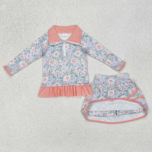 3.19 GLD1010 Baby Girls Pink Flowers Zip Top Skirt Ruffle Skort Bottoms Set