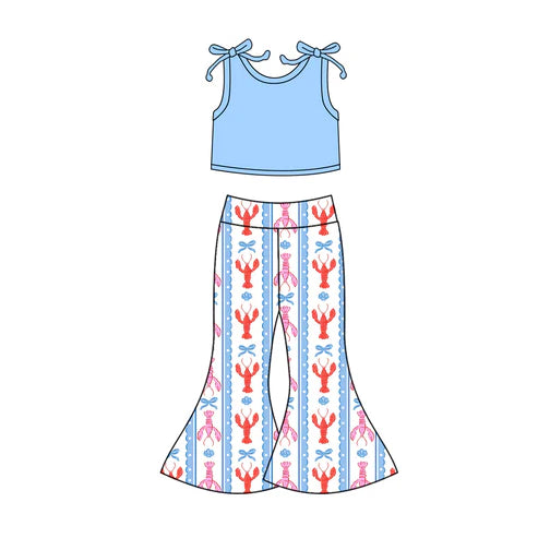 10.23 GSPO2123 Baby Girls Blue Sleeveless Vest Crayfishes Bell Bottoms Clothes Sets Preorder