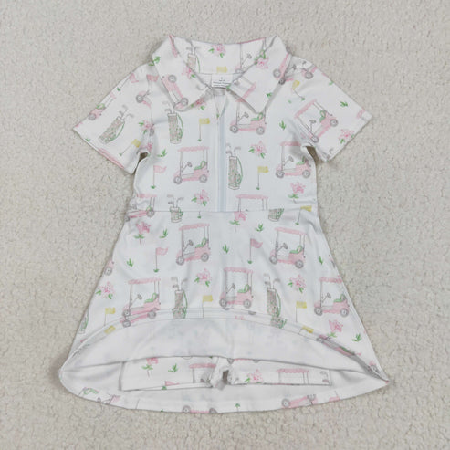 5.2  GSD2410 Baby Girls Short Sleeves Pink Flowers Golf Zipper Knee Length Dress