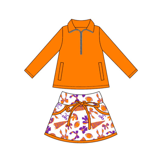9.27 GLD1338 Baby Girls Orange Zipper Pullovers Pockets Team Skorts Yoga Clothes Set Preorder